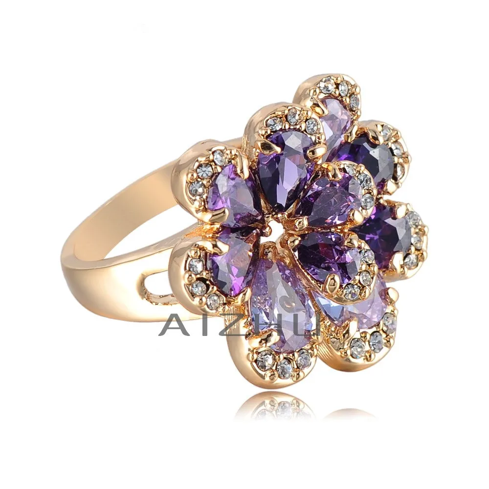 Free Shipping Charms Flower Shape Purple Zircon Women Rings Jewelry 18K Gold Plated Crystal Wedding Ring Size 5.5-10 | Украшения и