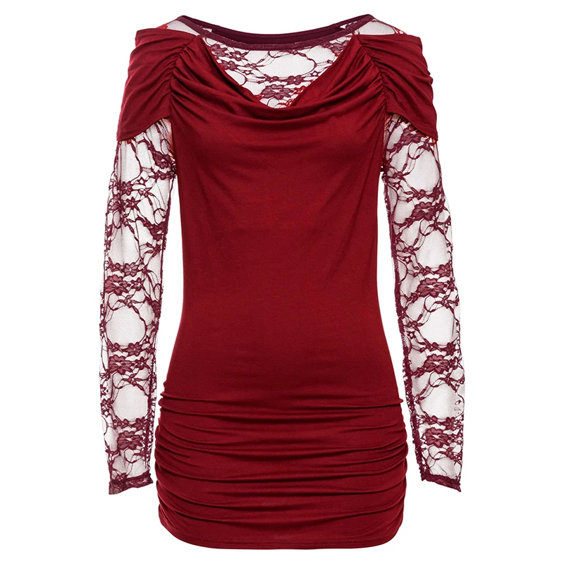 С кружева женщина блузка с длинными рукавами и круглым вырезом новые пикантные