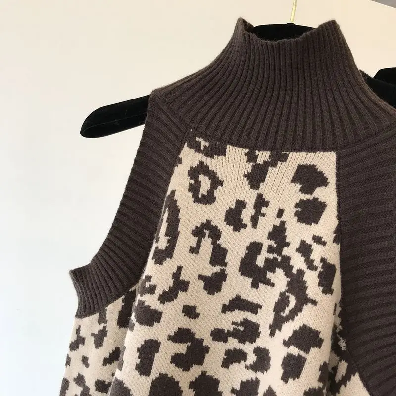 Amolapha Women Off Shoulder Leopard Print Turtleneck Knitted Sweater Jumper Tops Woman Fashion Sweaters Costumes | Женская одежда
