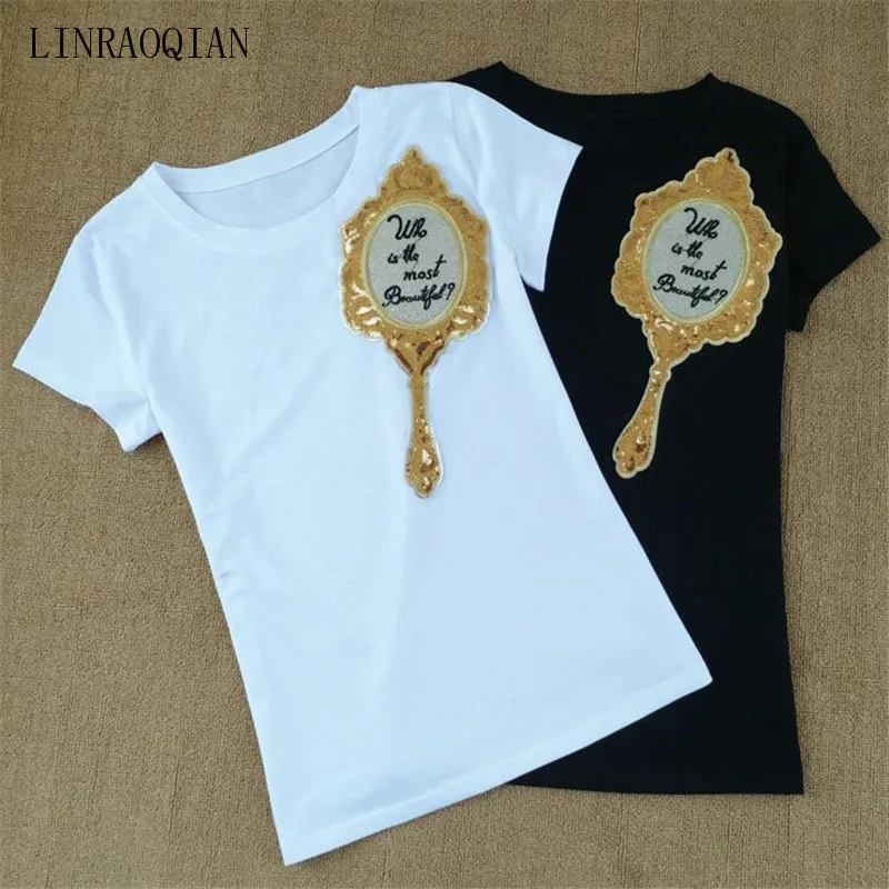 Футболка женская из хлопка топ с блестками и зеркальными буквами коротким