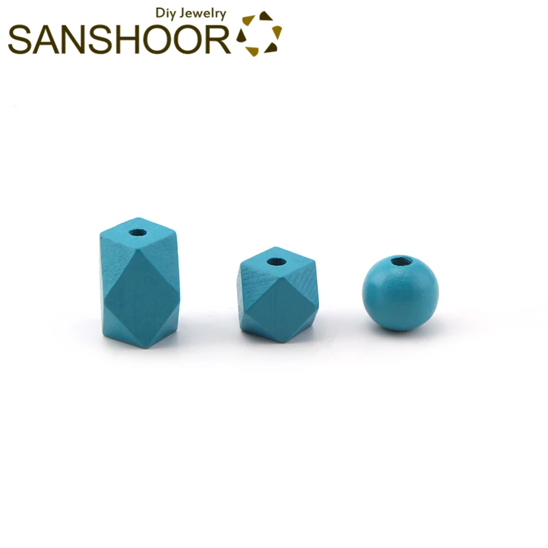 Blue 3 SANSHOOR, смешанные 3 вида конструкций, яркие деревянные бусины, включая длинный Шестигранник, 15 мм, геометрические, Круглые, подходят, сделай сам, для женщин, ожерелье, серьги, 33 шт - Цвет: Blue 3
