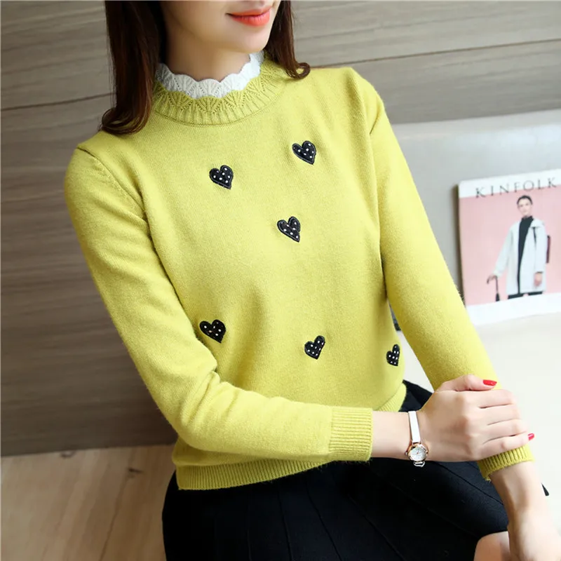 Autumn Women Sweaters Korean Wave O-neck Long Sleeve Pullovers Heart-shaped Embroidery Jumpers Sweet Girls Slim Knitted Clothing | Женская
