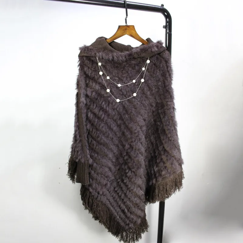 (TopFurMall) женское Вязаное пончо из кроличьего меха шали с капюшоном кисточками