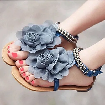 2015 fashion sandals sweet flowers metal beaded strap shoes comfortable flat thong PP free shipping | Обувь