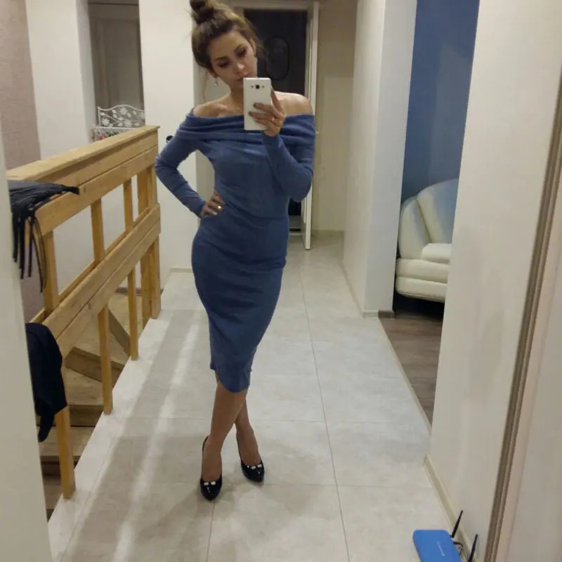 Платье JYConline женское вязанное с открытыми плечами по фигуре|slash neck|warm dresssweater dress |