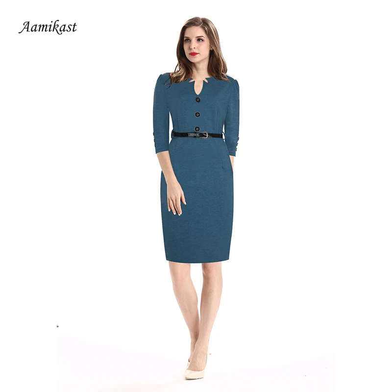 Женское платье с V образным вырезом рукавом три четверти и пряжкой на ремне|female