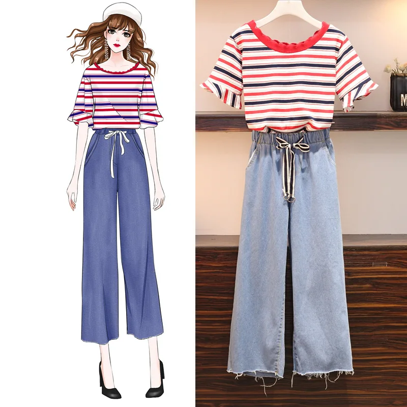 

2019 Korean 2 piece set summer short-sleeve t-shirt tops and denim wide leg pants Plus size set women two piece outfits L-4XL