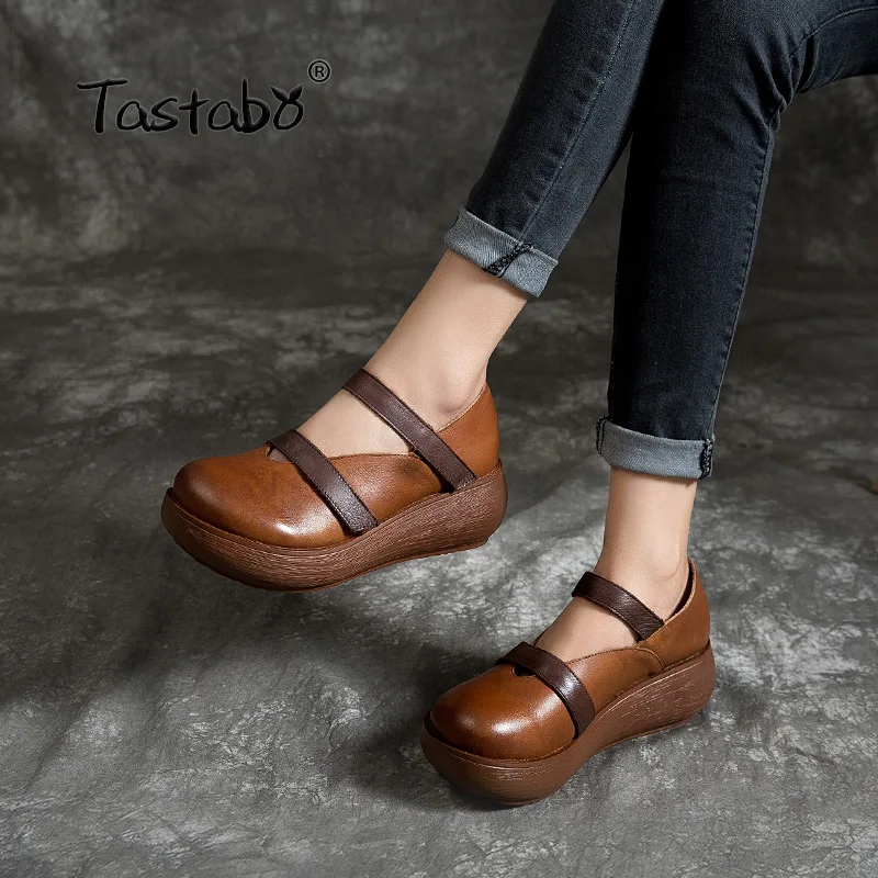 

Tastabo 100% Genuine Leather Women's shoes Muffin bottom Wedge design Retro casual style S19682 Brown Black Caramel Daily shoes