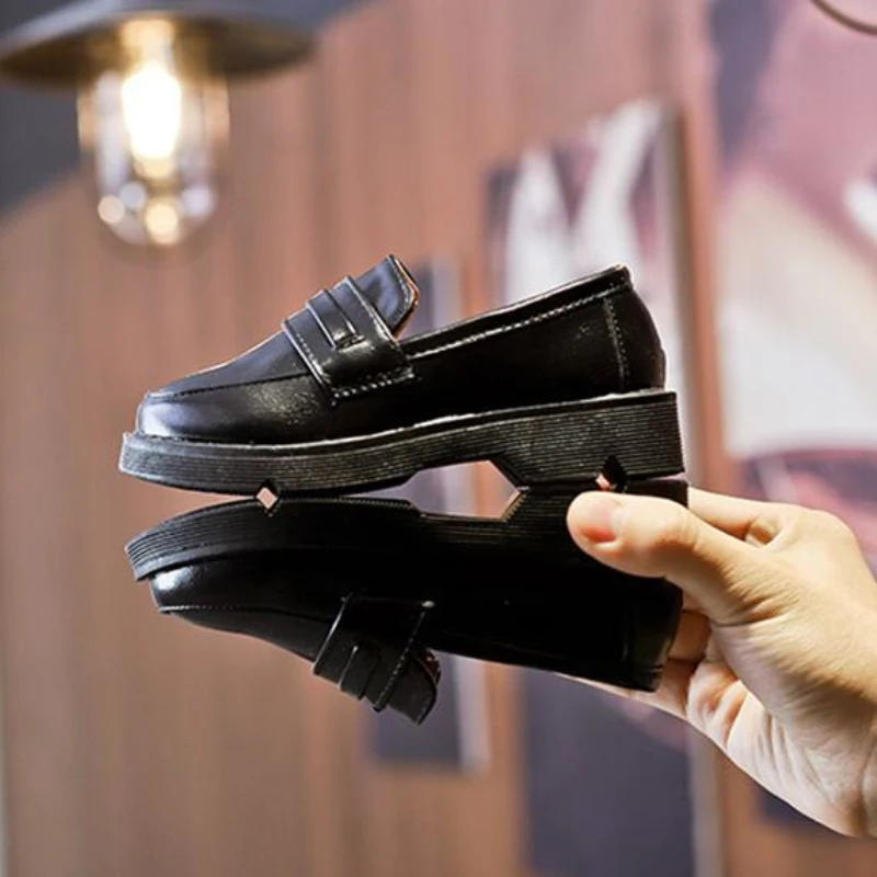

British Style 2019 Spring New Children Leather Shoes Thick Bottom Kid Girls Loafers Non-Slip Toddler Rubber Shoes Black Brown