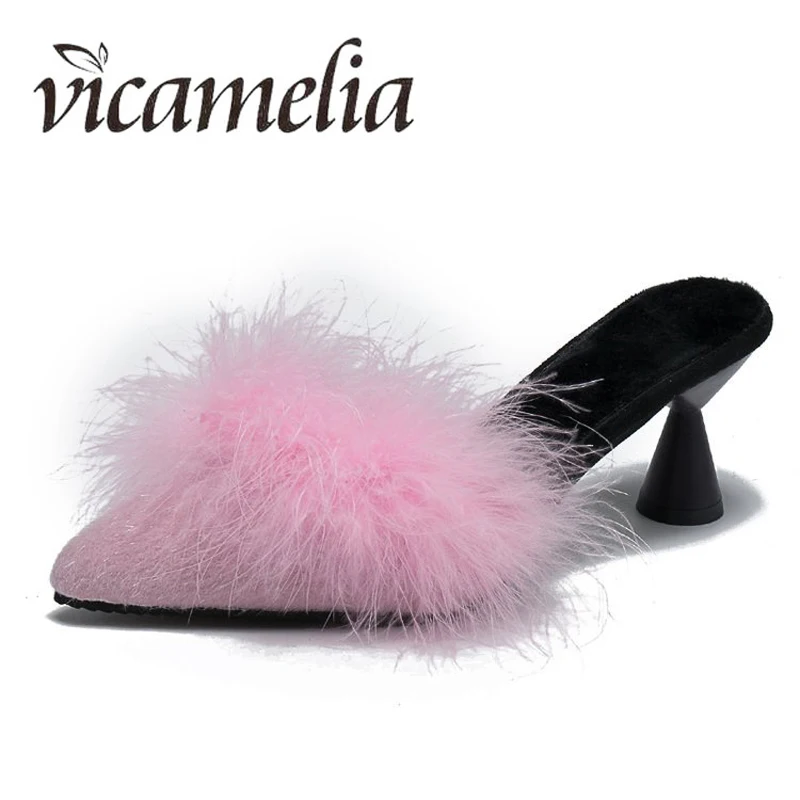 Vicamelia/женские шлепанцы на среднем каблуке женские с острым носком из флока