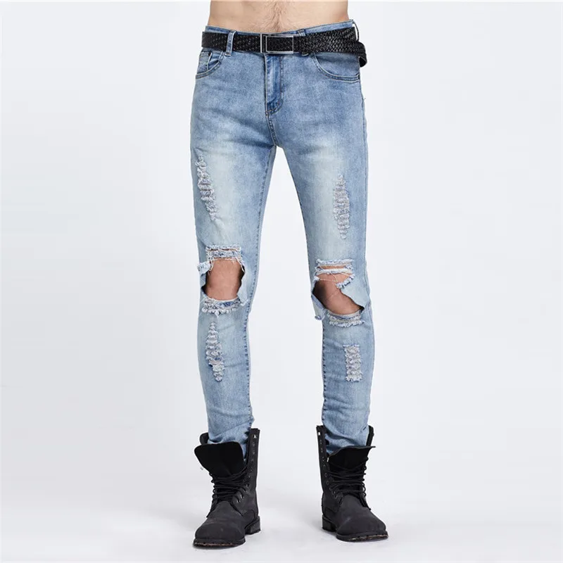 Синие рваные с отверстиями Узкие Брюки Slim Fit уничтожено джинсы для мужчин |