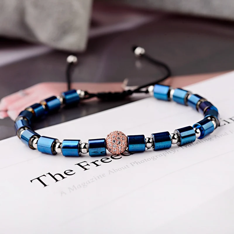 OIQUEI 2020 Luxury Jewelry White Zircon Balls Bradied Bracelets Men Geometric Blue Hematite Stone Yoga Bracelet Hommes pulseira | Украшения
