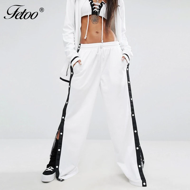 Женские широкие брюки Fetoo свободные белые в полоску с пуговицами на пуговицах