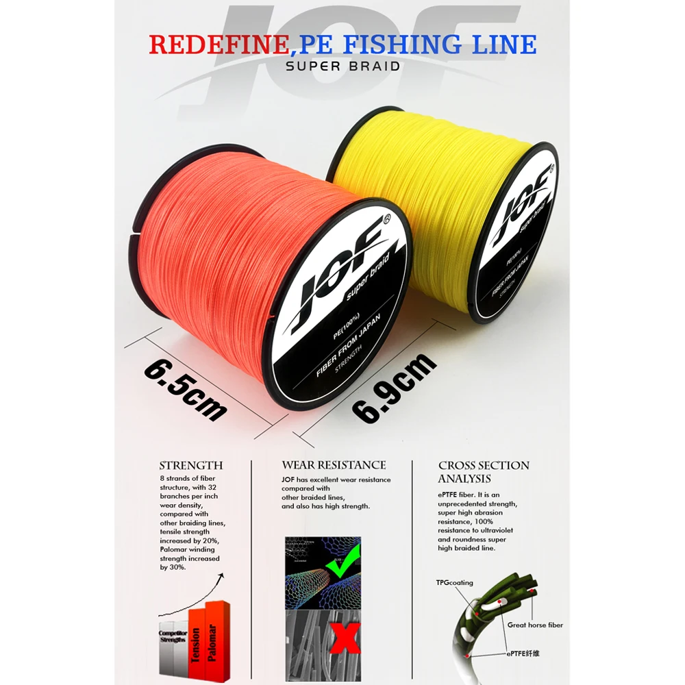 

JOF 300M 4 Strands 8 Strands PE Braided Wire Multifilament Fishing Line Fishing Tackle 7 Colors 18-88LBS