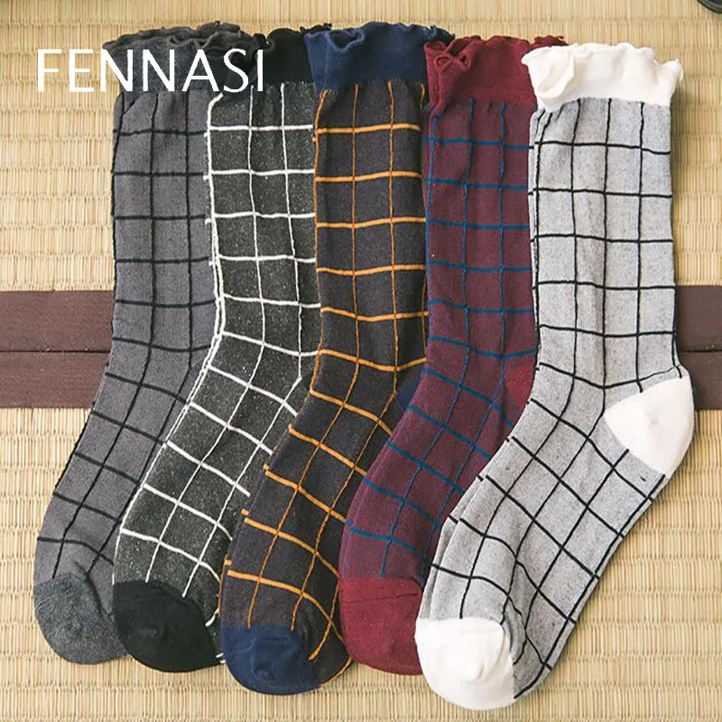 FENNASI 5 пар Харадзюку женские хлопковые носки Модные клетчатые с принтом