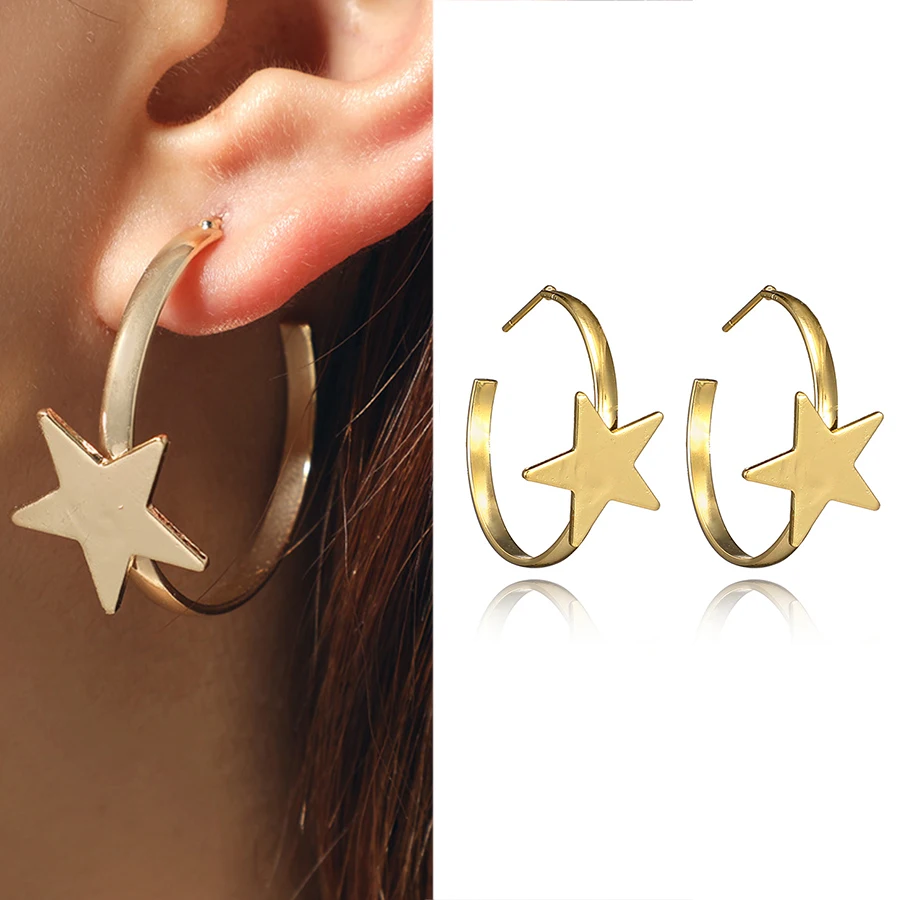 4pcs/Set 2019 Fashion Small Stars Pentagran Pendant Gold Hoop Earrings Set For Women Loop Statement Girl jewelry | Украшения и