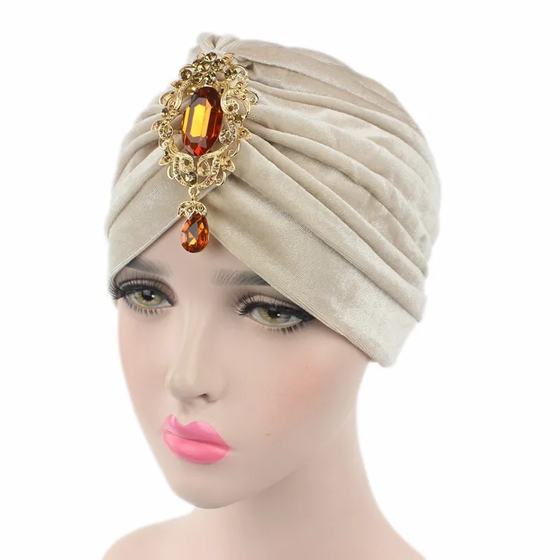 New gorgeous soft Velvet turban velour Hair cover headwrap Hijab Hat with gold color jewelry pendant #YS323 | Тематическая одежда