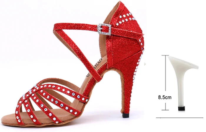 Red heel 8.5cm WUXIJIAO/Новинка; обувь для латинских танцев; женская Обувь для бальных танцев; Женская Блестящая Тканевая обувь; блестящие стразы; 5-10 см - Цвет: Red heel 8.5cm