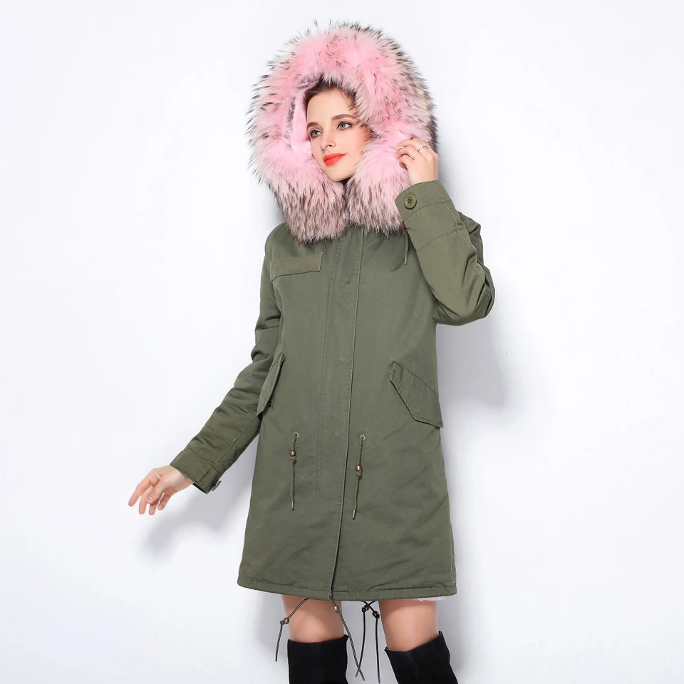 Женское зимнее пальто Furlove армейское зеленое плотное с капюшоном и воротником из