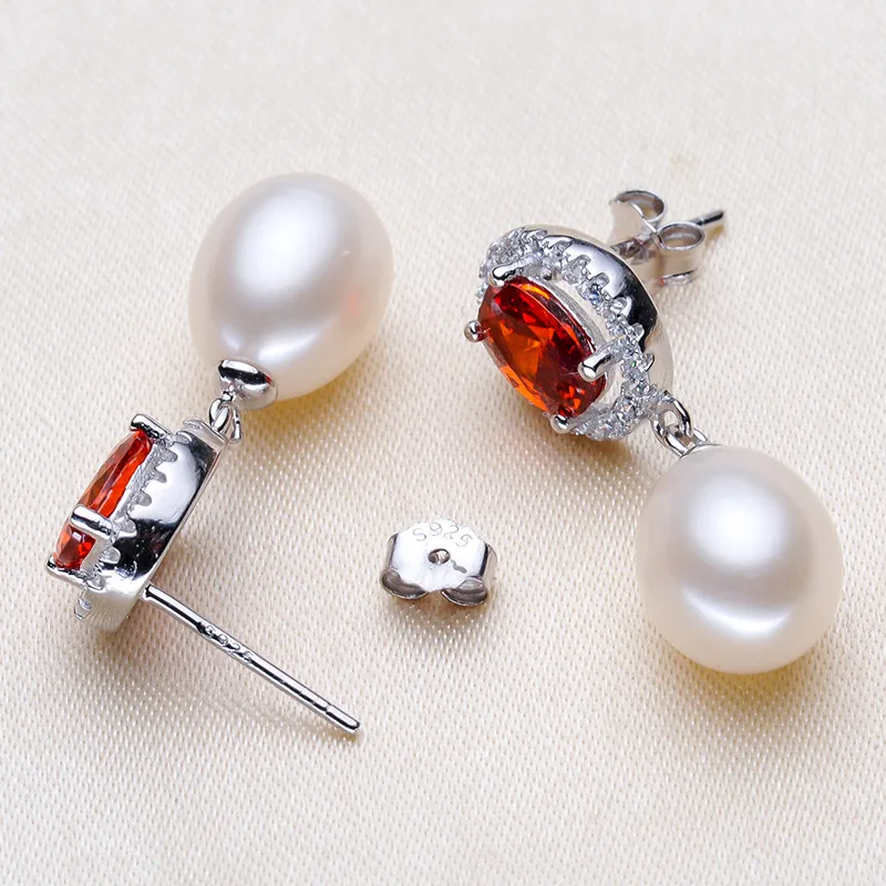 Женские серьги-гвоздики с натуральным жемчугом красные стразы длинные