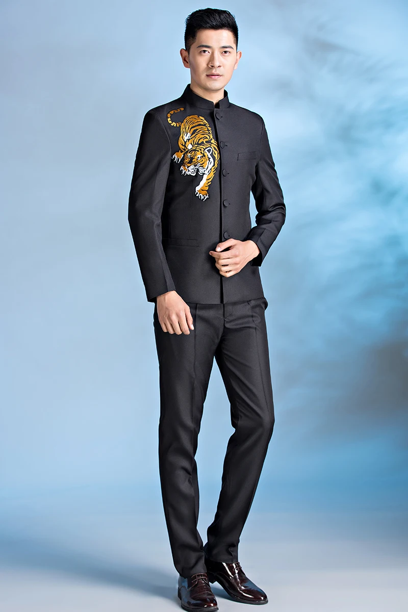 

New Chinese Style Mens Embroidery Stand Collar Stage Show Dress Suits Chorus Performance Groom Tuxedo Casual 2-piece Set Suits