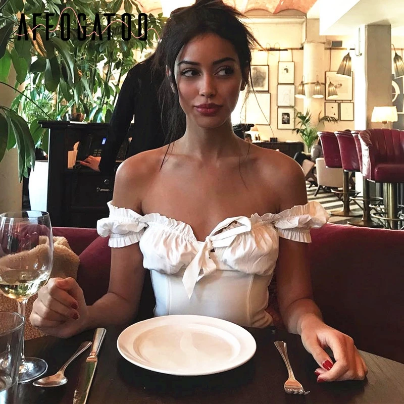 Affogatoo сексуальное платье с открытыми плечами оборками Топы зауженного кроя