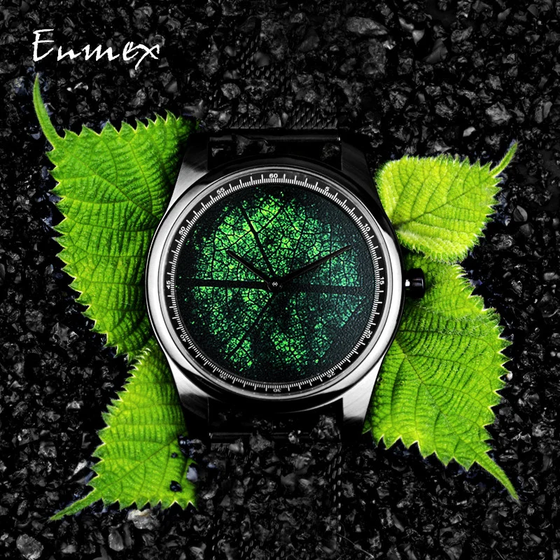 2021 Enmex design wristwatch 3D leaf vein creative design stainless steel Oil Painting face clock fashion quartz clock men watch enmex individualization design wristwatch 3d rainbow whirlpool creative design oil painting fashion quartz clock watch