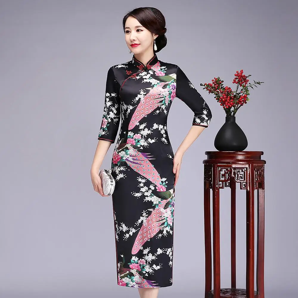 Винтаж для женщин печати Cheongsam классический цветок атласное платье китайский стиль шоу на сцене платья для платья большого размера Qipao Vestido 5XL 6XL - Цвет: Long Sleeve 1