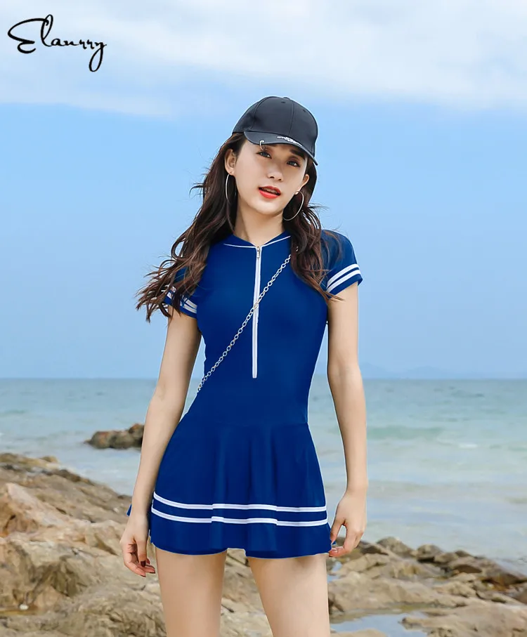 Женский купальный костюм Maillot De Bain цельная юбка с коротким рукавом на молнии