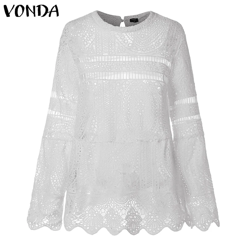 VONDA, женская сексуальная блуза с полым верхом, Женская Повседневная блуза с длинным рукавом и неровным подолом, женские пляжные топы, рубашки размера плюс - Цвет: White