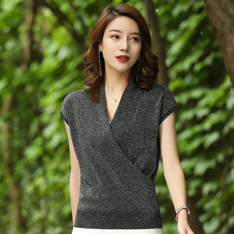 Summer women's knit blouse tops elegant female linen blouses sexy v-neck knit blouse shirt short sleeve