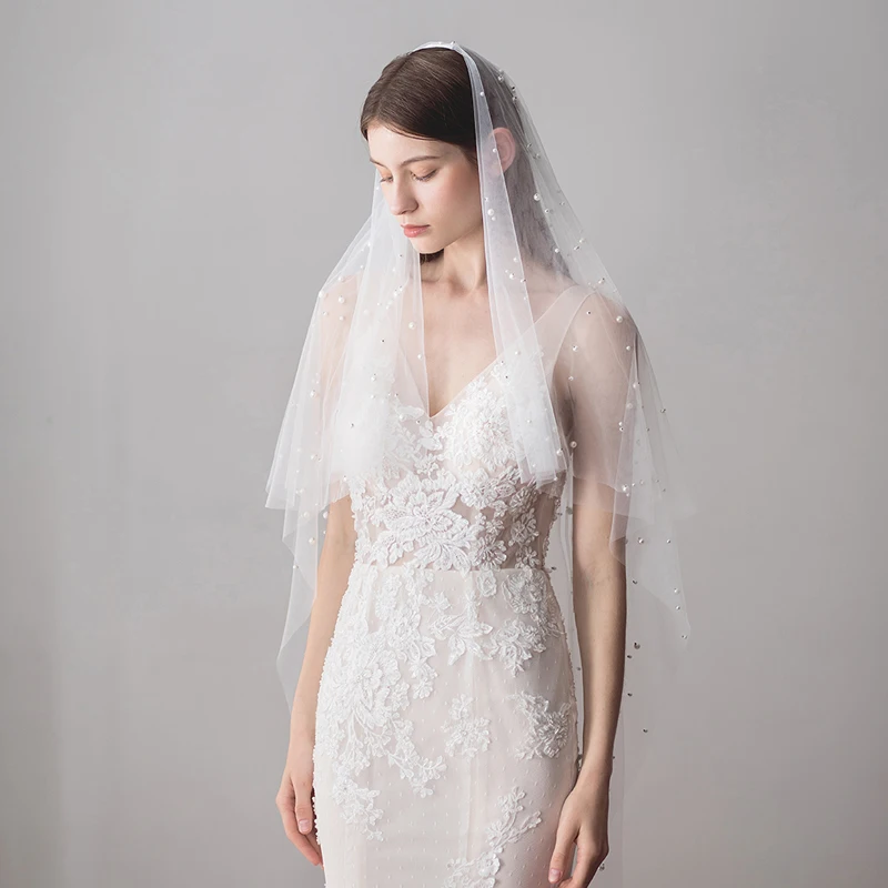 Свадебная фата SLBRIDAL двухслойная с гребнем и жемчугом цвета слоновой кости |