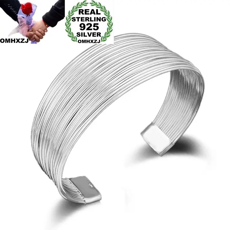 

OMHXZJ Wholesale Personality Fashion OL Woman Girl Party Gift Silver Multi Lines 925 Sterling Silver Cuff Bangle Bracelet BR143