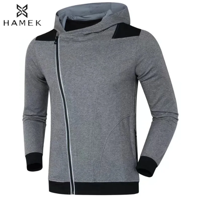 

Mens Slanted Zip Hooded Running Jacket Reflective Stripe Patchwork Basketball Soccer Sportswear Training Clothes Fitness Gym