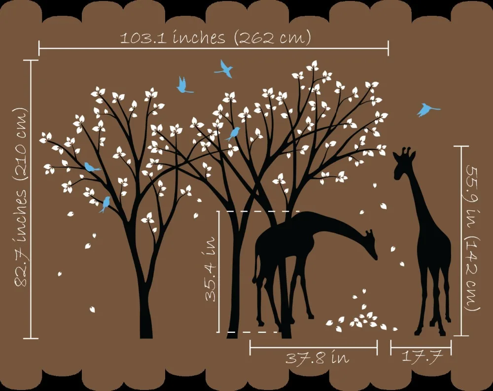 

Pretty Two Giraffe Beautiful Trees Vinyl Wall Sticker Nuesery Kids Bedroom Playroom Cute Decor Trees With Birds Art MuralY-944