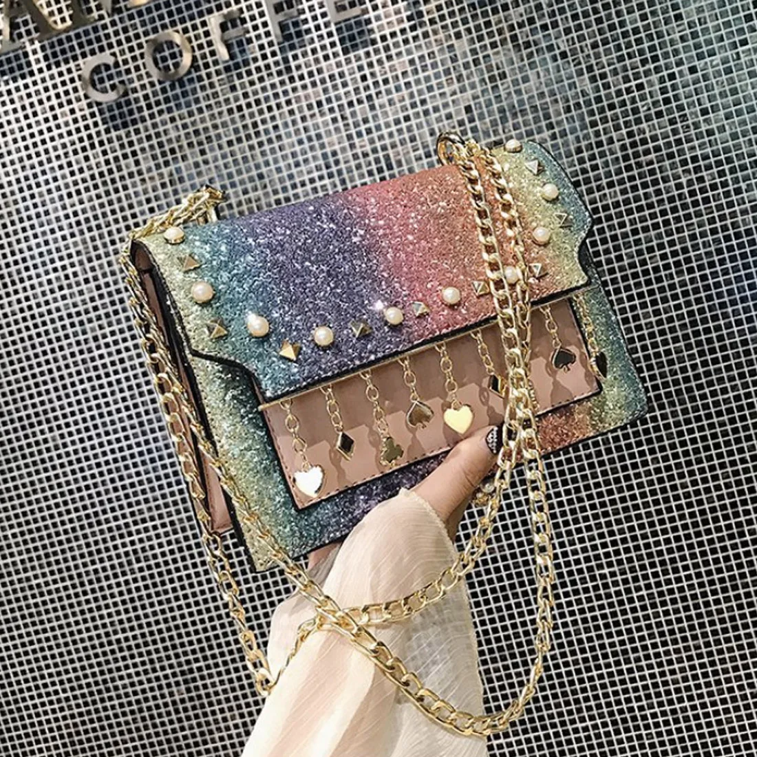 2018 Роскошные Для женщин Сумки Леди заклепки блестка Дизайн цепи мешок квадратный