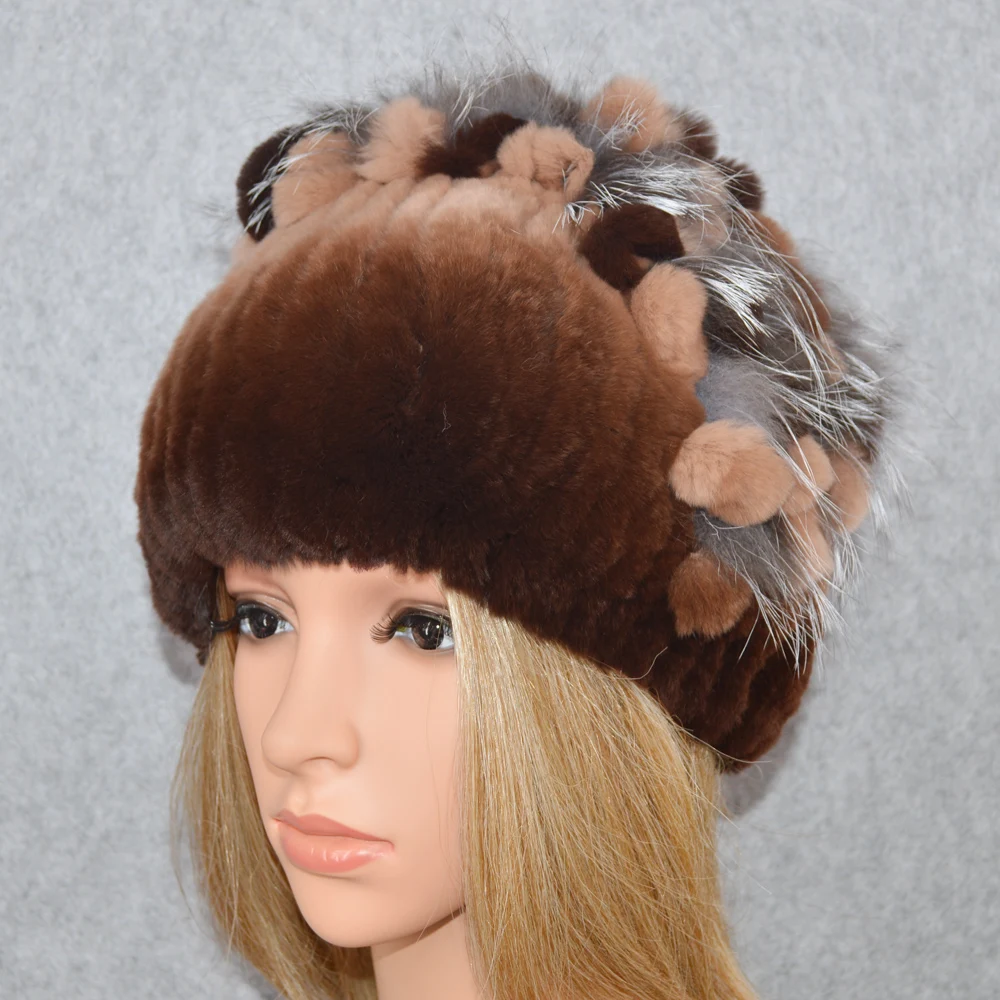 Эластичный женский Настоящий мех кролика Skullies шапки Роскошные вязаные цветы натуральная шапка из меха кролика рекс зимние натуральный мех шапочки