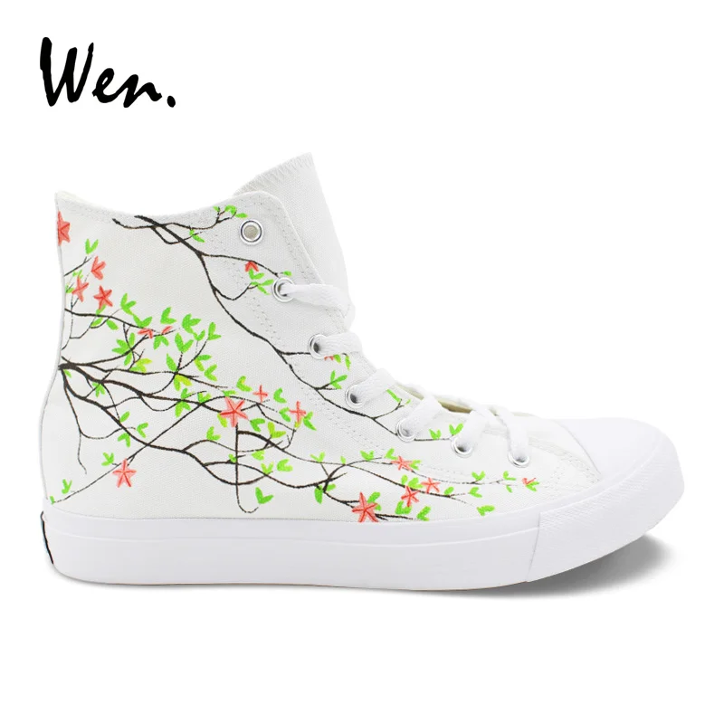 

Wen Design Flower Shoes Pink Rose Floral Hand Painted Shoes Women Canvas Sneakers Laced Flat High Top Trainers Plimsolls White