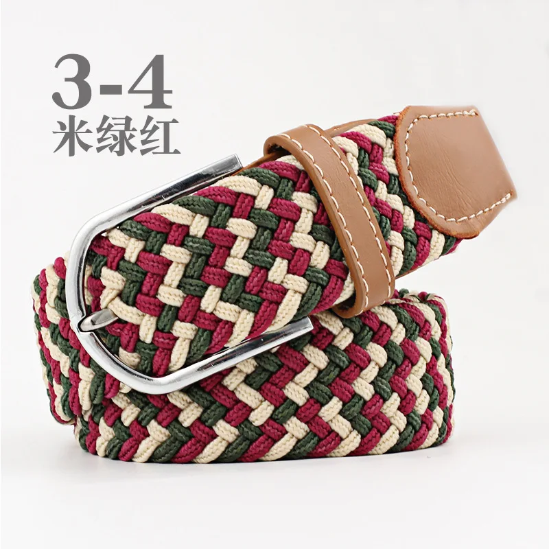 Beige green red Модный широкий пояс для мужчин и женщин, эластичный трикотажный ремень для джинсовой одежды с кожаной металлической пряжкой, повседневный ремень для унисекс - Цвет: Beige green red