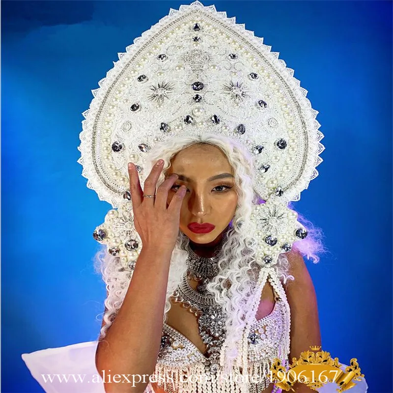 Women White Christmas Dress With Pearl Headwear Court Sexy Lady Bikini Suit Valentine's Day Performance Ballroom Costume |