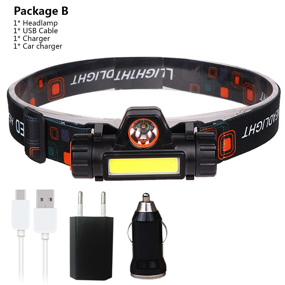 Package B built-in 18650 battery LED headlamp COB work light 2 light mode with magnet Waterproof headlight suit for fishing head lamp - Испускаемый цвет: Package B