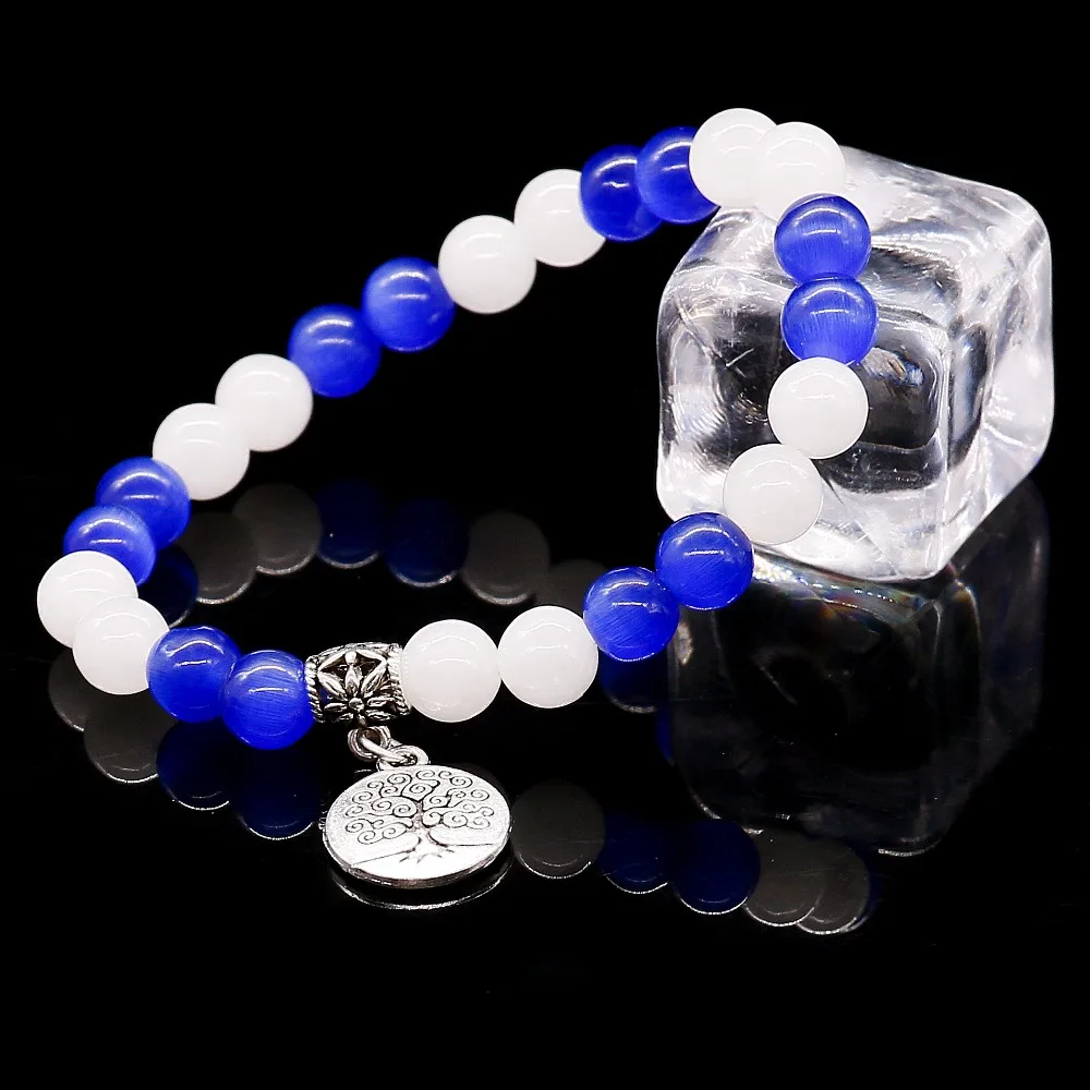 Голубой опал натуральный бисер браслеты белый халцедон эластичная линия браслет