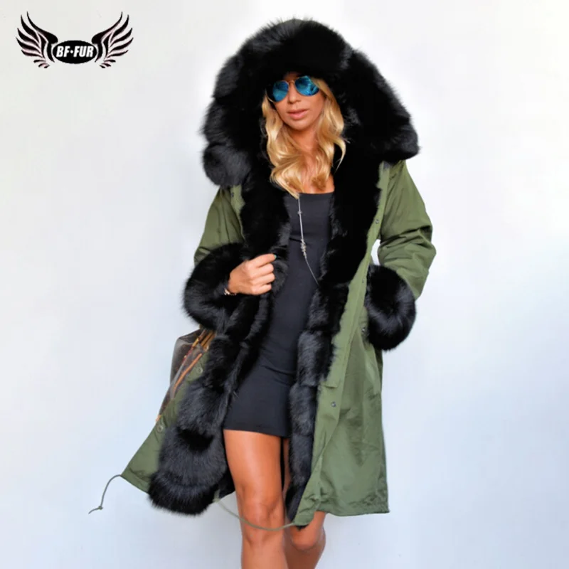 ArmyGreen/Русская шуба, натуральный мех, парка с капюшоном, женская зимняя коллекция, цельный деним с мехом, куртки, Лисий мех, натуральный мех