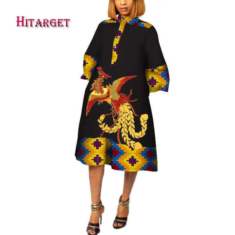 

New Danshiki African Print Dresses Splice Dresses To The Knee with Lapel Nine Points Sleeve African Dresses for Women WY4047