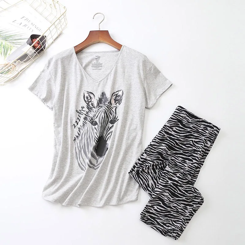 

Ladies Pajamas Set Summer/Spring New Cartoon Zebra Printed Sleepwear V-Neck Top+Pants 2Pcs Korean Style Thin Large Size Homewear