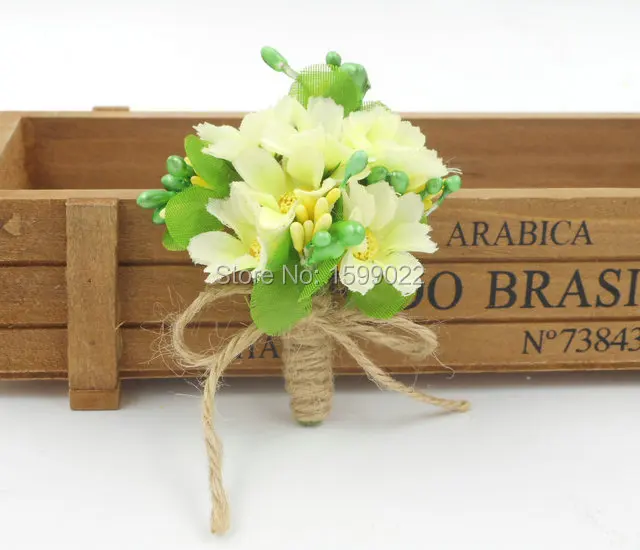 

2 Bridal Groomsman Boutonniere Jute Burlap Rope Decoration Ivory Green Handmade Corsage Rustic Button Hole Flower for Wedding