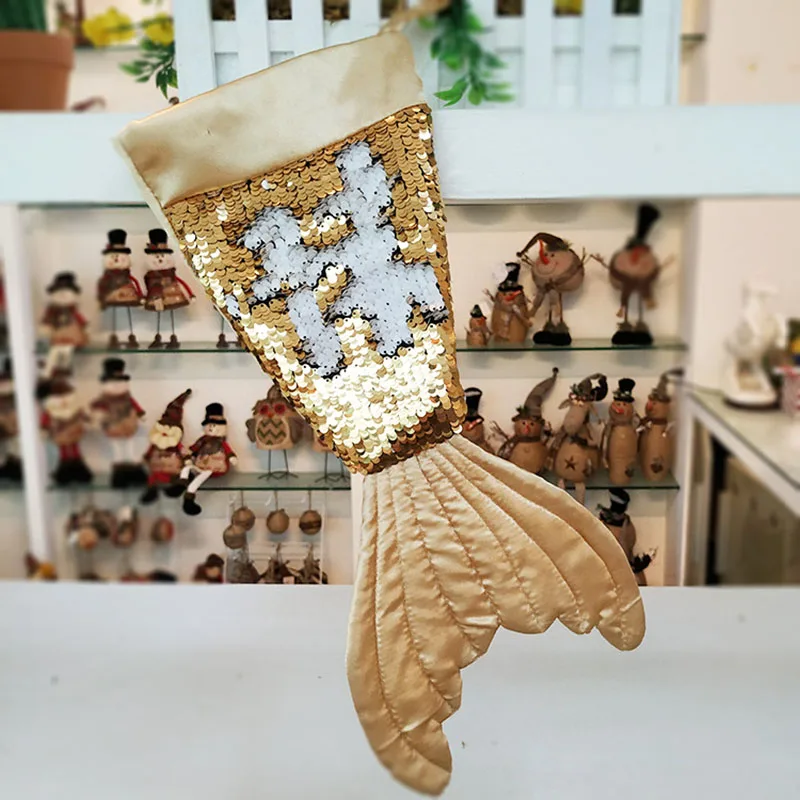 Christmas Decorations Mermaid Reversible Sequins Socks Tree Home Pendants Kid New Year Gift Bag | Дом и сад