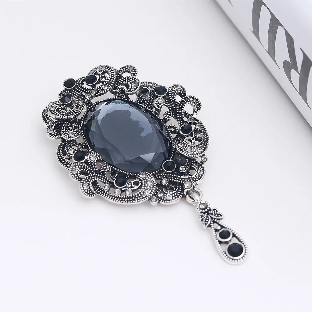 

Vintage Elegant Queen's Face Big Cystal Stone Silver Plated Drop Brooch Pin For Women Suit Accessories