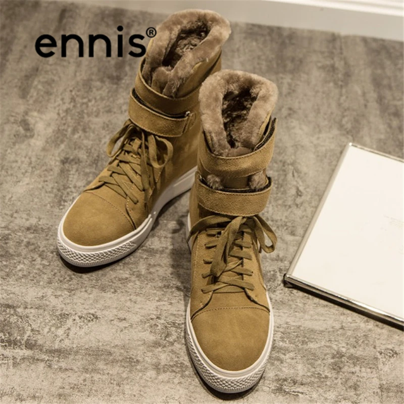 ENNIS/ г., Дамская зимняя обувь замшевые ботильоны на платформе с поперечными ремешками и натуральным овечьим мехом Новые дизайнерские женские зимние ботинки, A7226
