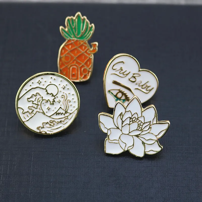 Waves Round Brooches Plant Flowers Enamel Pin for Boys Girls Lapel Pin Hat/bag Pins Denim Jacket Shirt Women Brooch Badge Q270